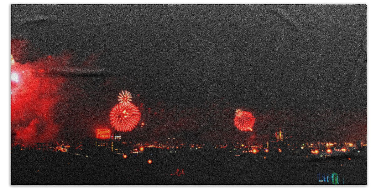 Baltimore Beach Towel featuring the photograph Baltimore Harbor Fireworks Panorama by Bill Swartwout