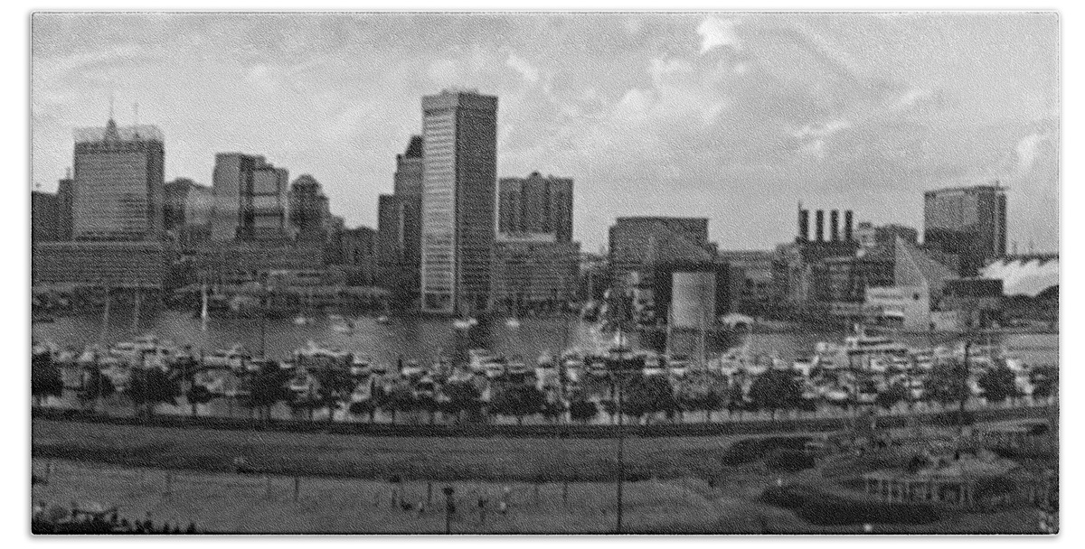 Baltimore Skyline Beach Towel featuring the photograph Baltimore Harbor Skyline Panorama BW by Susan Candelario