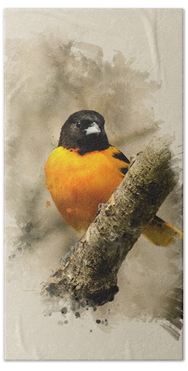 Baltimore Oriole Beach Towel featuring the mixed media Baltimore Oriole Watercolor Art by Christina Rollo