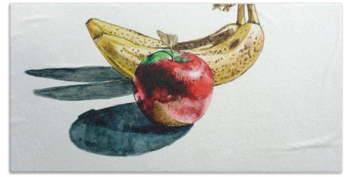 Banana Beach Towel featuring the painting Bananas and an Apple by Christopher Shellhammer