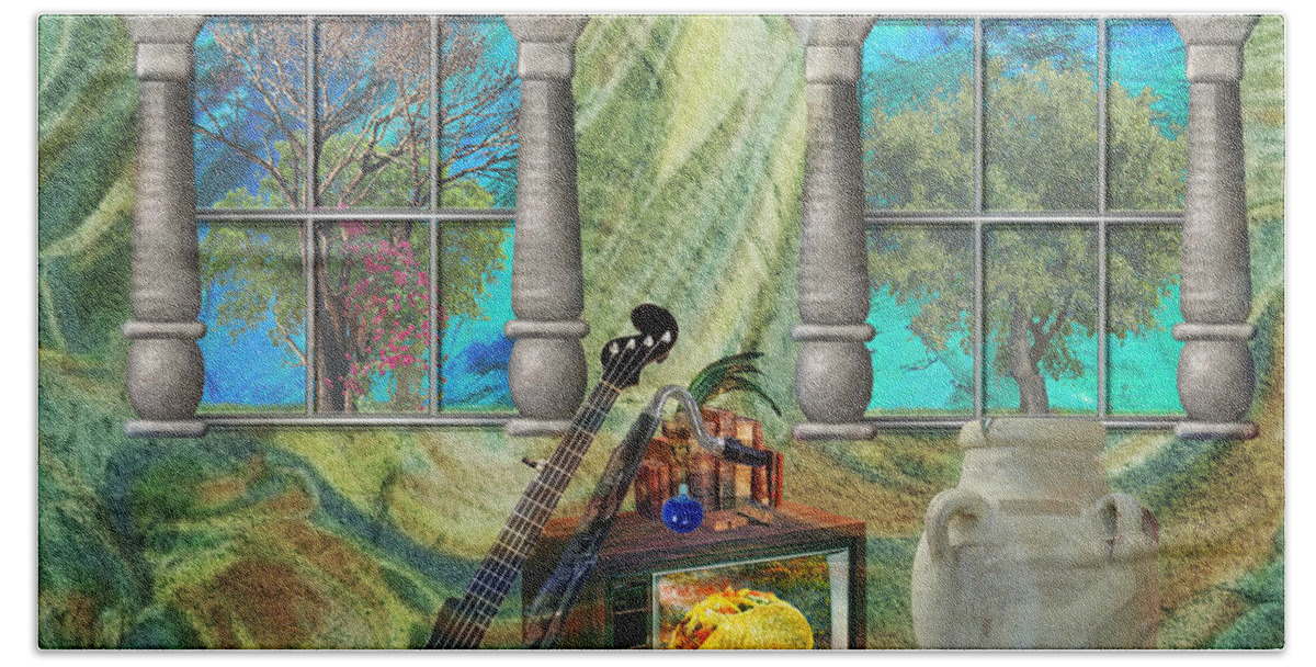 Banjo Beach Towel featuring the mixed media Banjo Room by Ally White