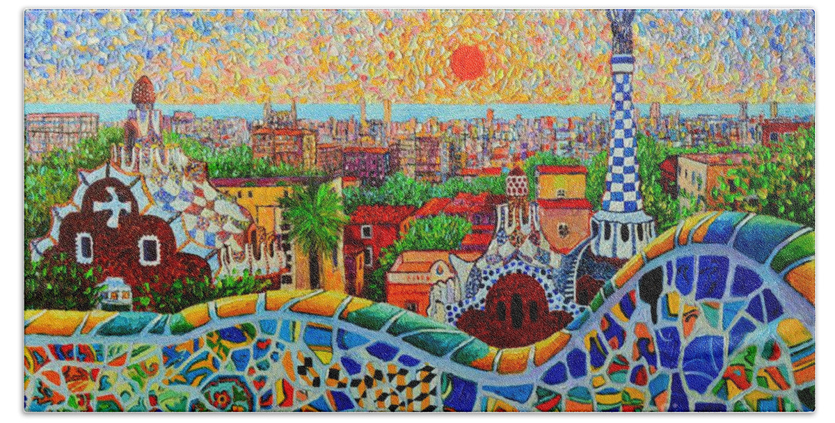 Barcelona Beach Towel featuring the painting Barcelona View At Sunrise - Park Guell Of Gaudi by Ana Maria Edulescu