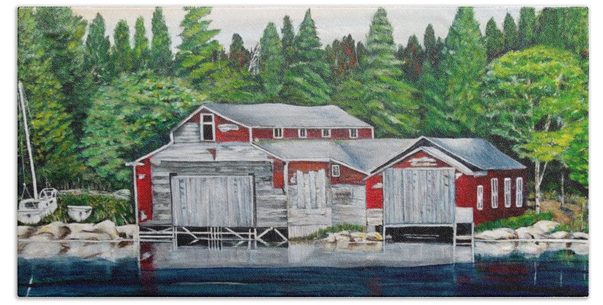 Barkhouse Beach Towel featuring the painting Barkhouse Boatshed by Marilyn McNish