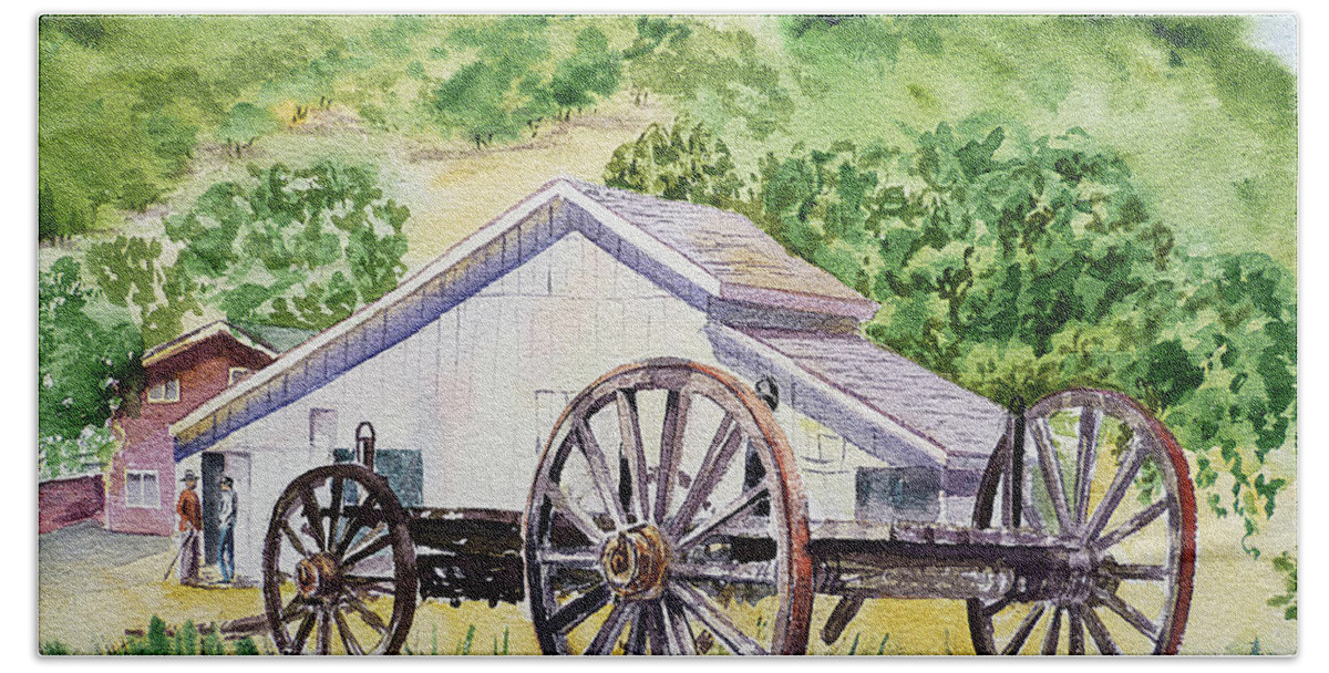 Barn Beach Towel featuring the painting Barn and Old Wagon at Eugene O Neill Tao House by Irina Sztukowski