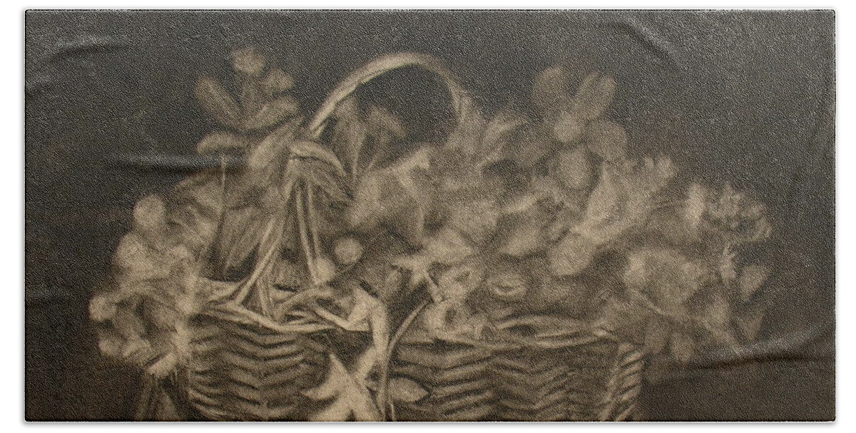 Charcoal Drawing Of Basket Of Flowers Beach Towel featuring the painting Basket of Flowers by Sheila Mashaw
