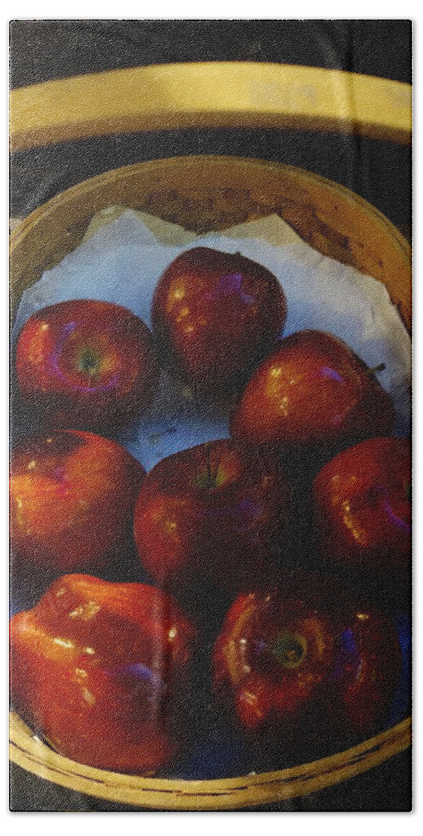 Image Of Eight Red Apples In A Wicker Basket Beach Towel featuring the photograph Basket of Red Apples by Joan Reese