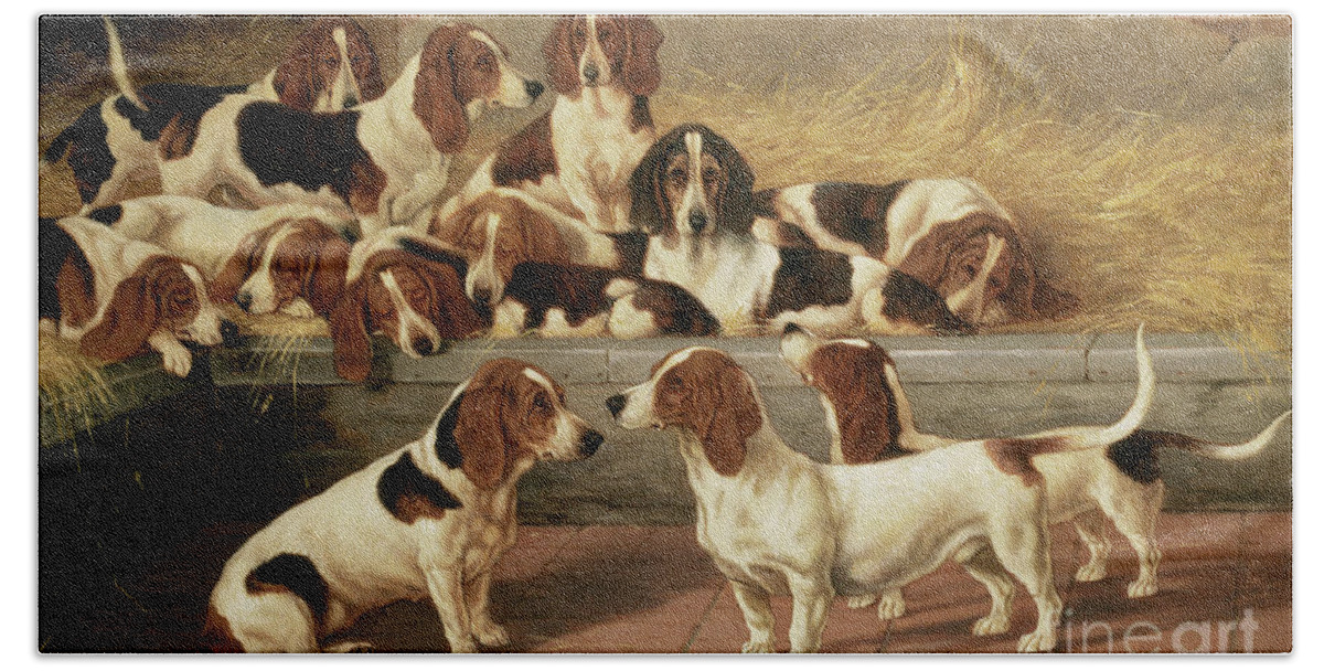 Dog Beach Towel featuring the painting Basset Hounds in a Kennel by VT Garland