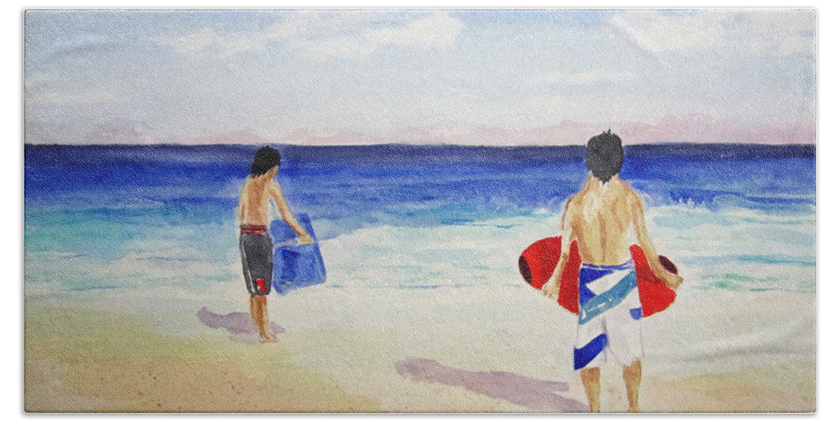 Seascape Beach Towel featuring the painting Beach Boys Australia by Elvira Ingram