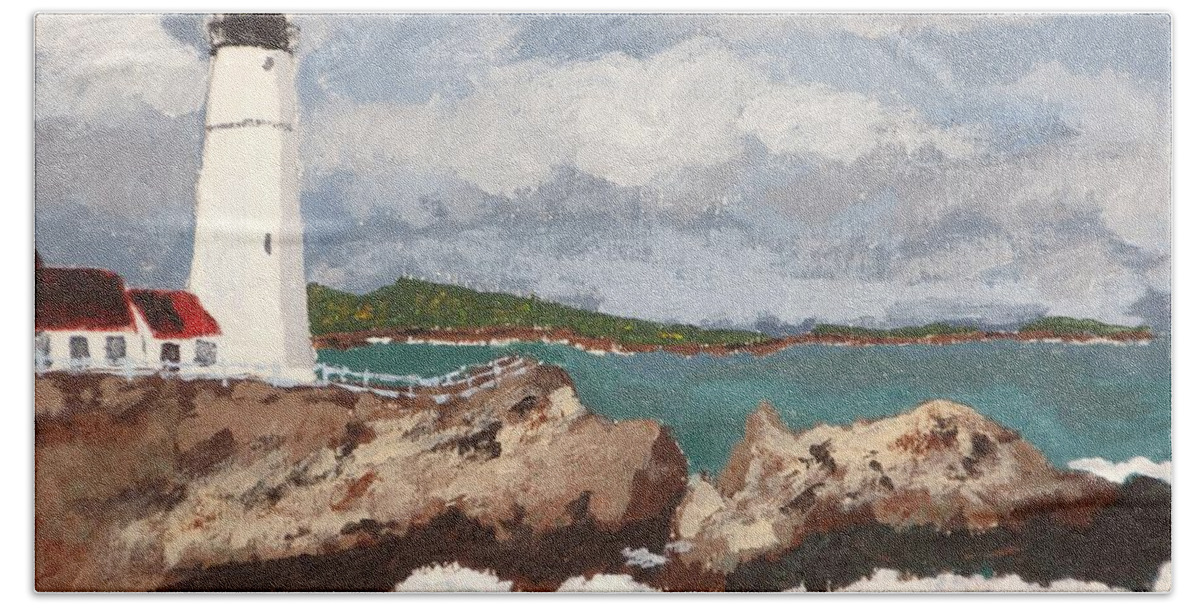 New England Shore Landscape Beach Towel featuring the painting Beacon of Love by Cynthia Morgan
