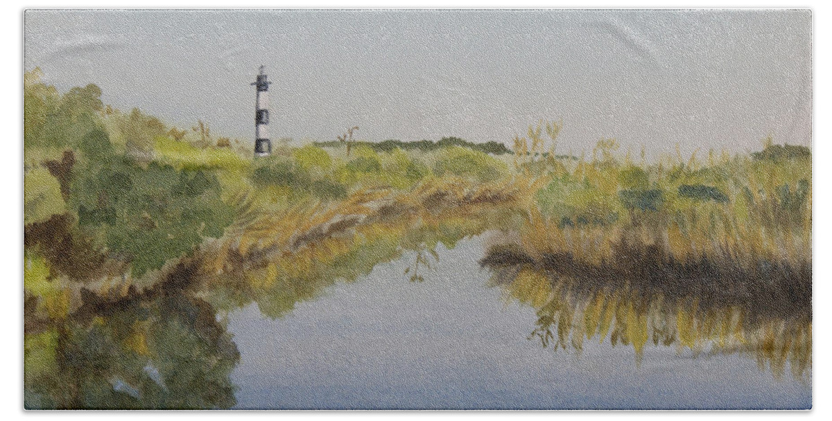 Lighthouse Beach Towel featuring the painting Beacon on the Marsh by Jill Ciccone Pike