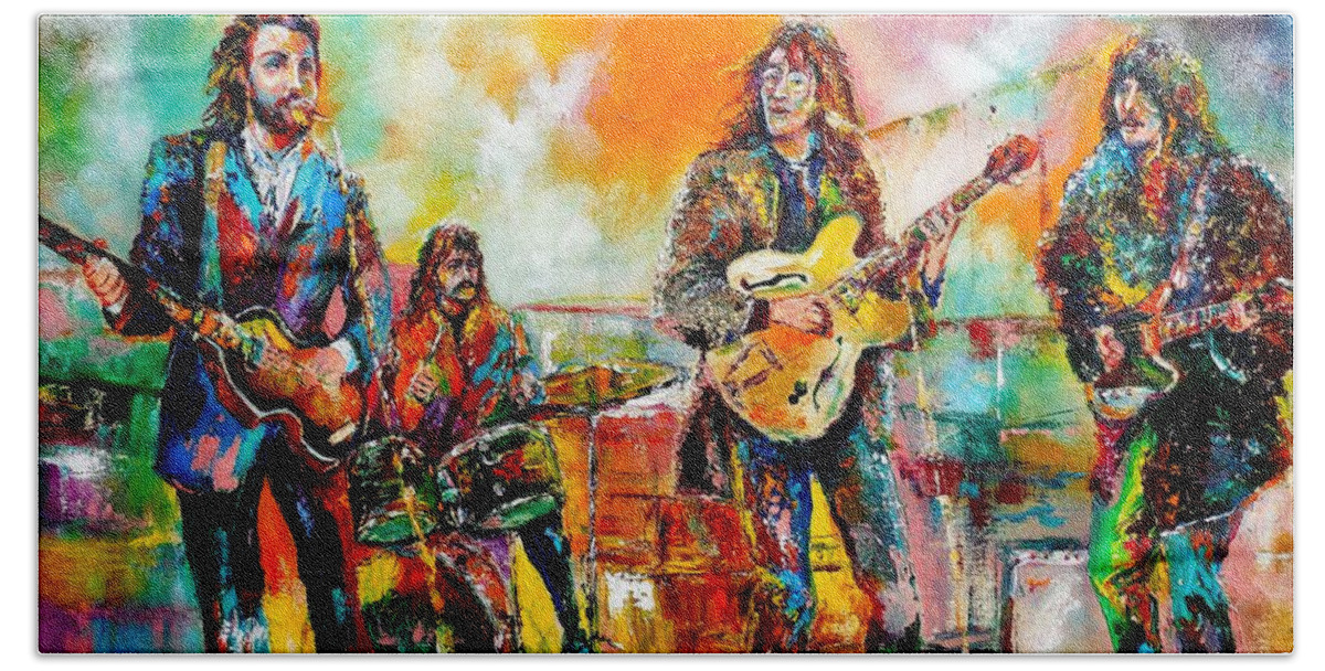 John Lennon Beach Towel featuring the painting Beatles Rooftop Concert 2 by Leland Castro