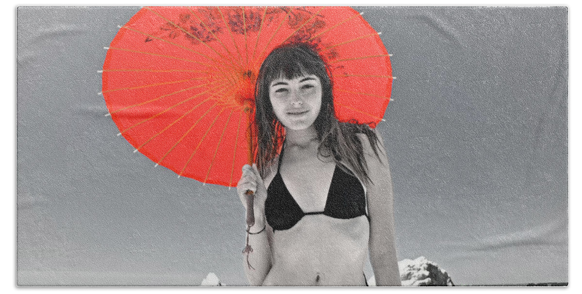 Brown Haired Beach Towel featuring the photograph Beautiful Freckle Faced Model At The Beach Altered Version by Jim Fitzpatrick