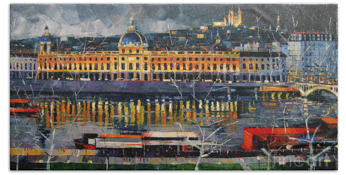 Before The Storm View On Hotel Dieu Lyon And The Rhone France Beach Sheet featuring the painting Before The Storm - View On Hotel Dieu Lyon And The Rhone France by Mona Edulesco