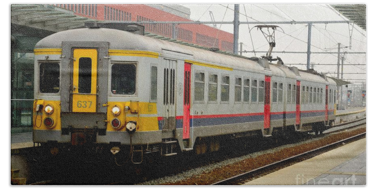 Train Beach Towel featuring the photograph Belgium railways commuter train at Brugge Railway station by Imran Ahmed