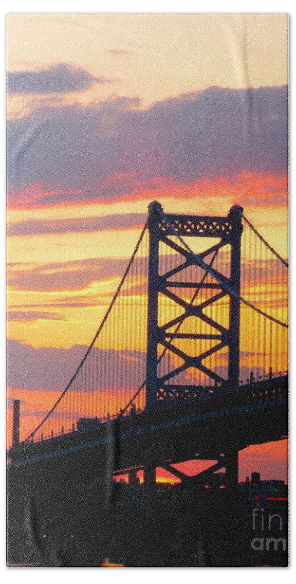 Philadelphia Pennsylvania Beach Towel featuring the photograph Ben Franklin Bridge at Sunset by Nancy Patterson