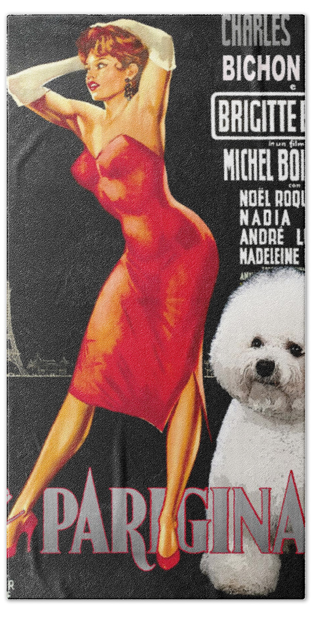 Dog Beach Towel featuring the painting Bichon Frise Art - Una Parigina Movie Poster by Sandra Sij