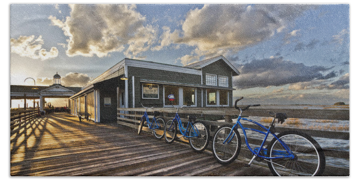 Clouds Beach Towel featuring the photograph Bicycles on the Dock by Debra and Dave Vanderlaan