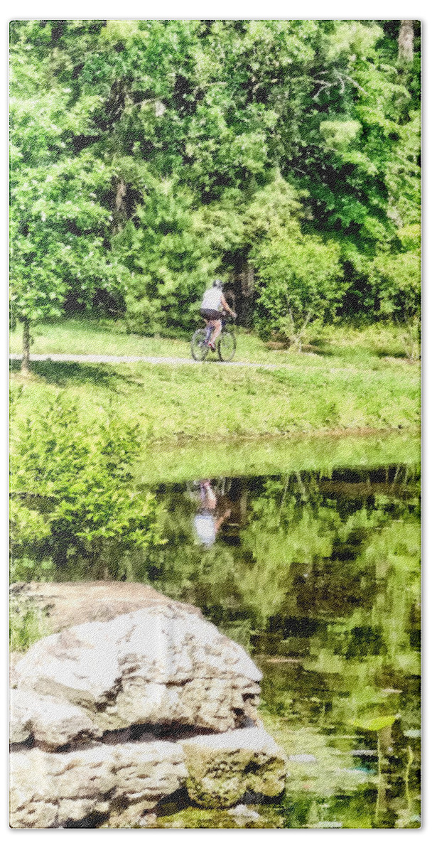 Bicycle Beach Towel featuring the photograph Bicycling by the Lake by Susan Savad
