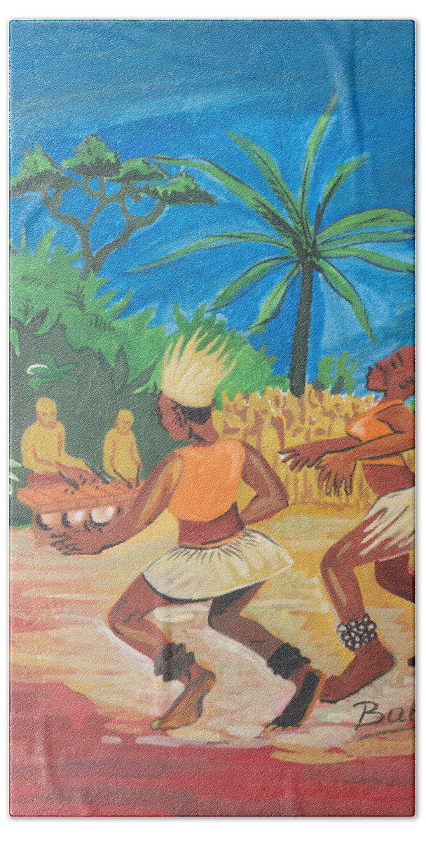 Barry Art Beach Towel featuring the painting Bikutsi Dance 2 from Cameroon by Emmanuel Baliyanga