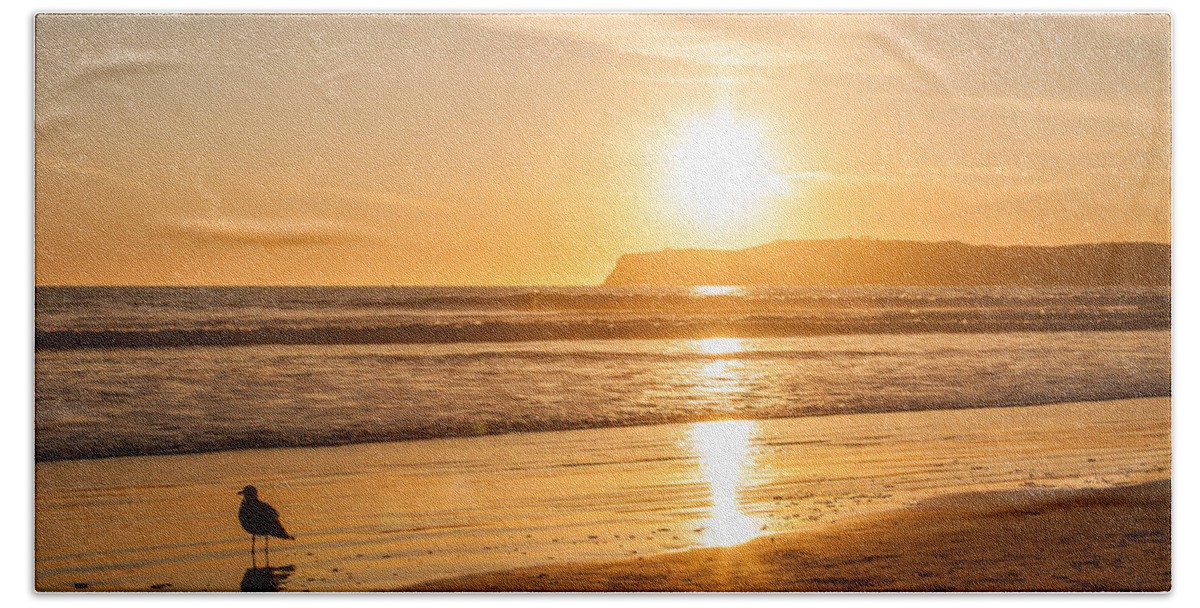 America Beach Sheet featuring the photograph Bird and his sunset by John Wadleigh