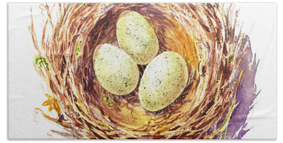 Bird Nest Beach Towel featuring the painting Bird Nest A Happy Trio by Irina Sztukowski