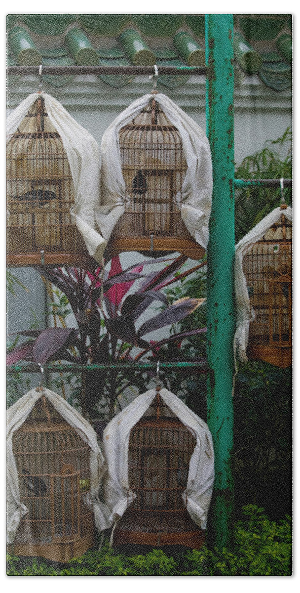 Photography Beach Towel featuring the photograph Birds In Cages For Sale At A Bird by Panoramic Images