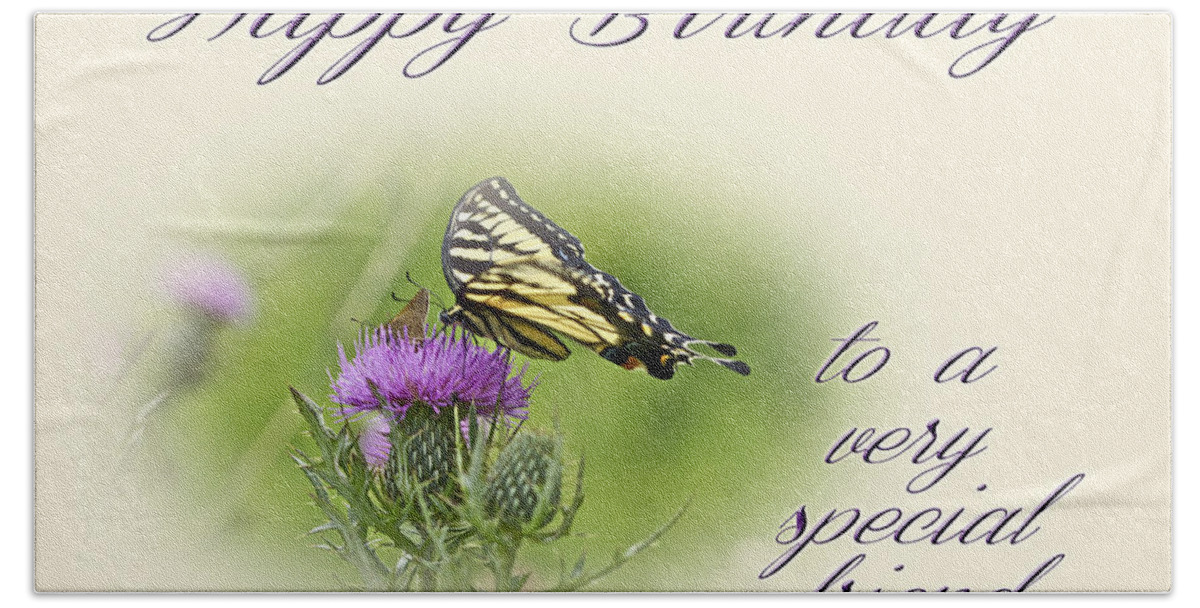 Birthday Beach Towel featuring the photograph Birthday Greeting Card - Special Friend - Tiger Swallowtail Butterfly On Thistle by Carol Senske