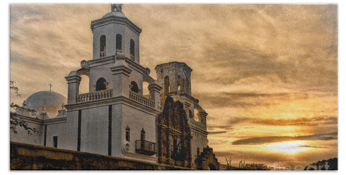 San Xavier Mission Beach Towel featuring the photograph Black and White Sunrise Over Mission by Larry White
