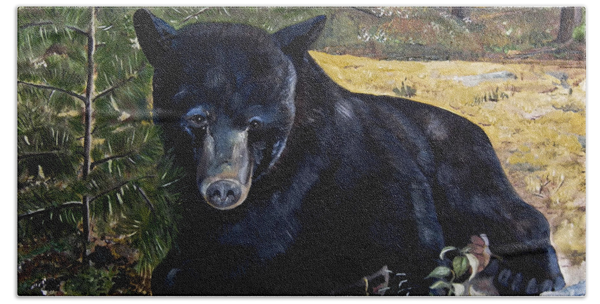 Black Bear Beach Towel featuring the painting Black Bear - Scruffy - Signed by Artist by Jan Dappen