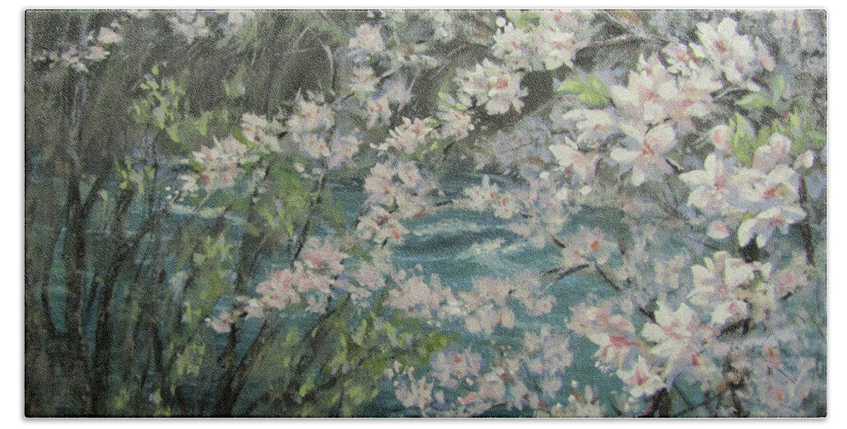 Spring Beach Towel featuring the painting Blossoming River by Karen Ilari