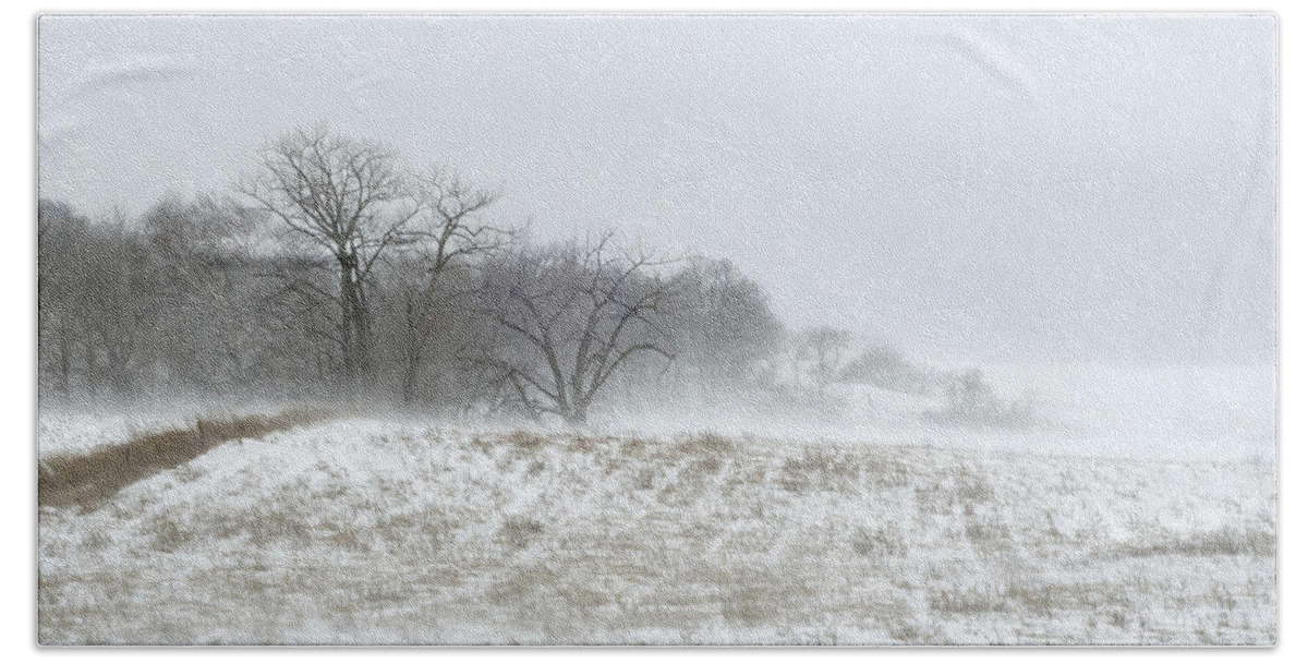 Winter Landscape Beach Sheet featuring the photograph Blowing Snow Over Fields and Forest by Lynn Hansen