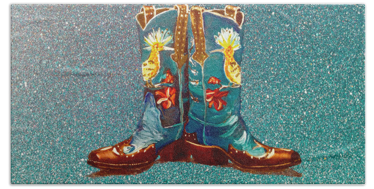 Boots Art Beach Towel featuring the painting Blue Boots by Mayhem Mediums