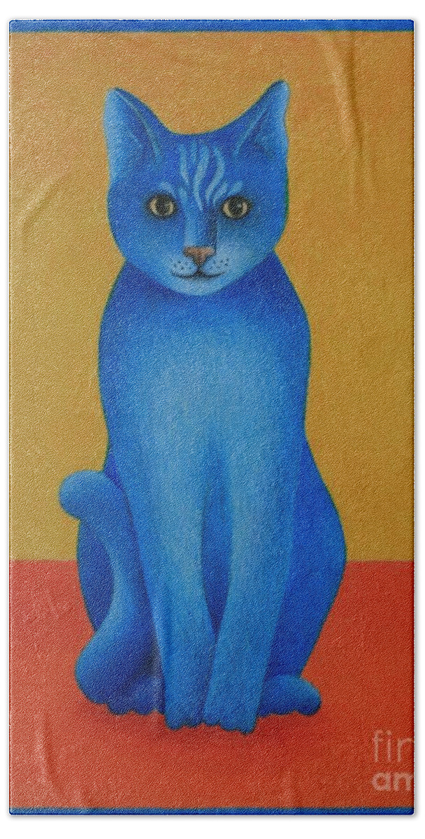 Primary Colors Beach Sheet featuring the painting Blue Cat by Pamela Clements