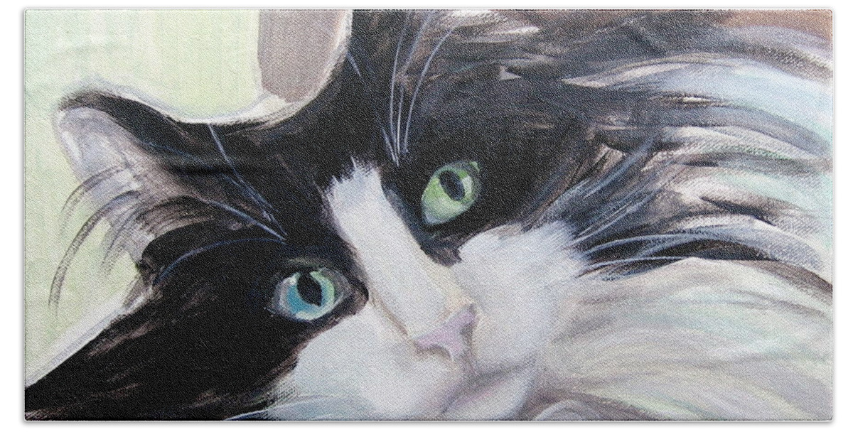 Cat Beach Towel featuring the painting Blue Eye and Green Eye by Kazumi Whitemoon