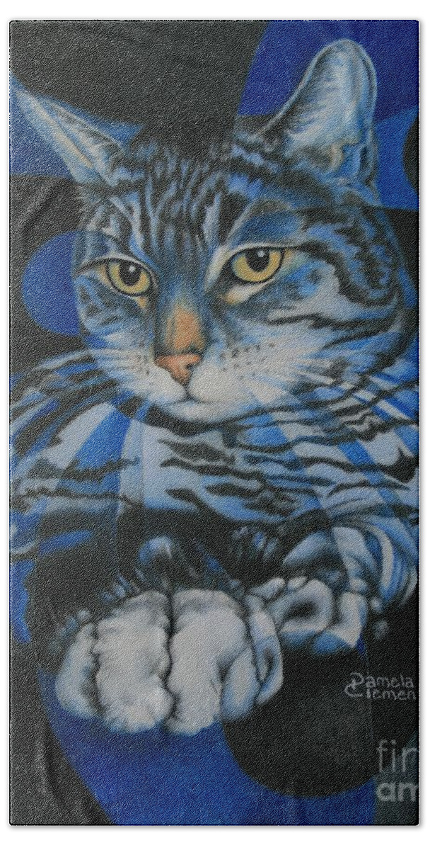 Cat Beach Sheet featuring the painting Blue Feline Geometry by Pamela Clements