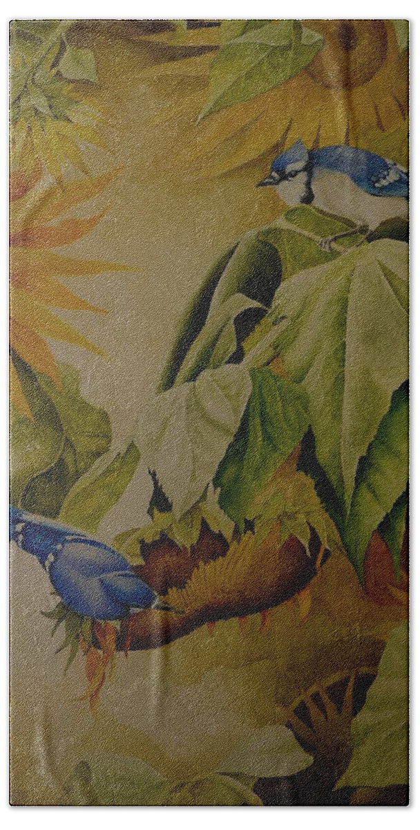 Watercolor Beach Towel featuring the painting Blue Jays on Sunflower by Charles Owens