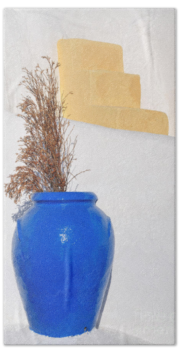 Santorini Beach Towel featuring the photograph Blue pot in Oia town #2 by George Atsametakis