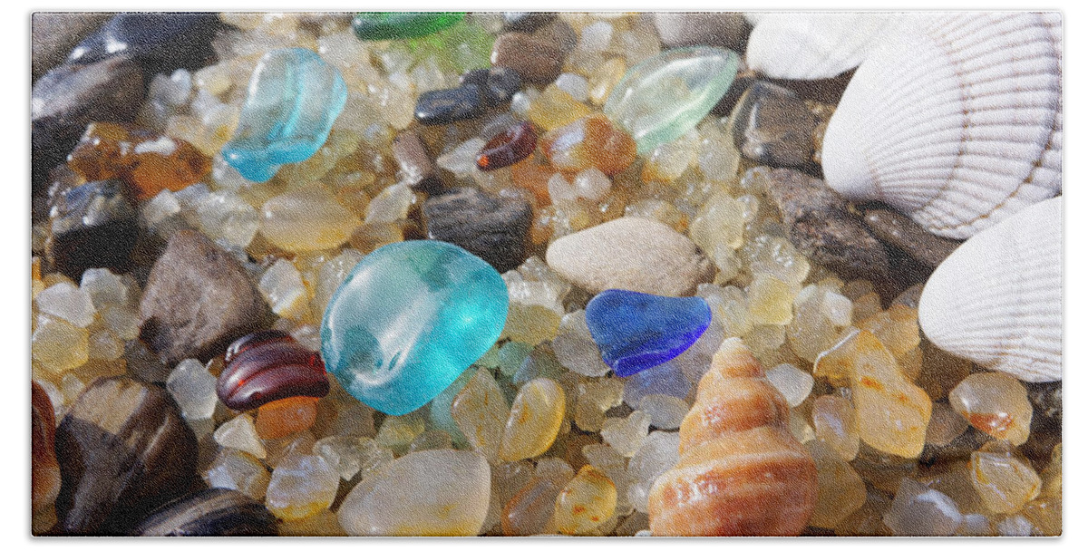 Decorative Beach Towel featuring the photograph Blue Seaglass Art Prints Shells Agates Rocks by Patti Baslee