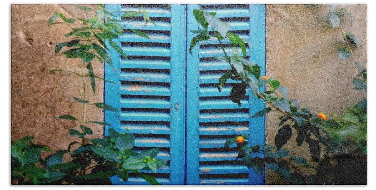 Window Beach Towel featuring the photograph Blue Shuttered Window by Lainie Wrightson
