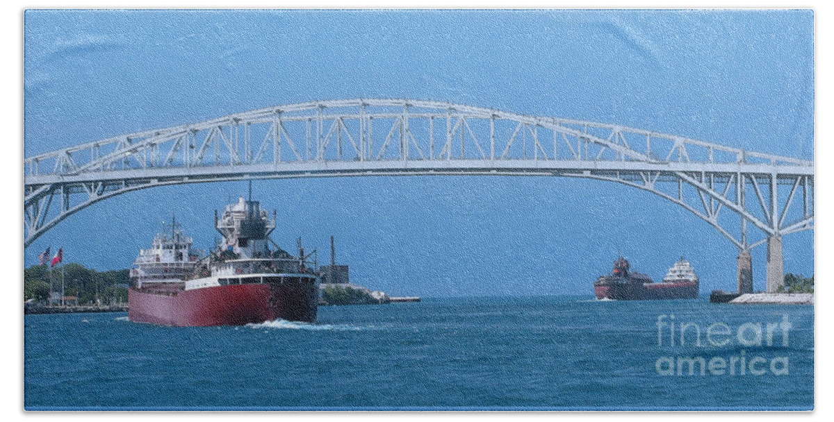Freighter Beach Towel featuring the photograph Blue Water Bridge and Freighters by Ann Horn