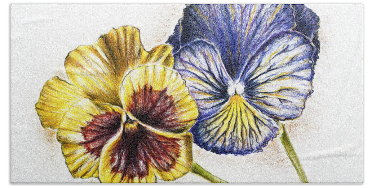 Blue Beach Towel featuring the drawing Blue Yellow Pansies by Katharina Bruenen