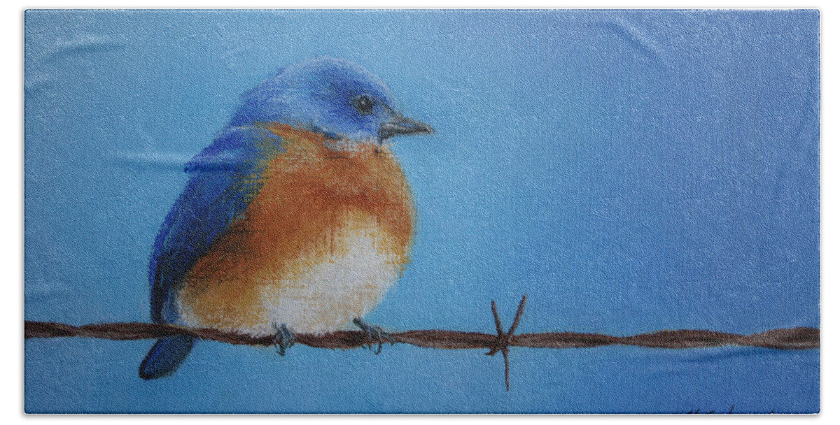 Bluebird Beach Sheet featuring the pastel Bluebird on a Wire by Marna Edwards Flavell
