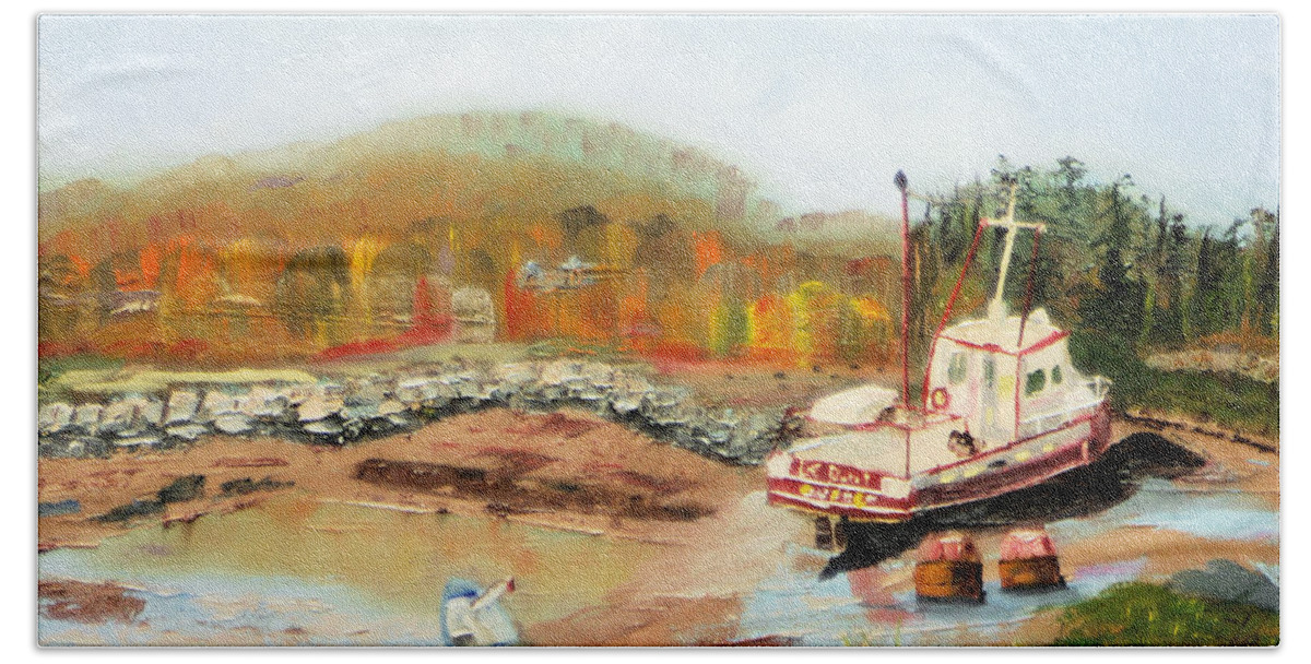 Painting Beach Towel featuring the painting Boat at Bic Quebec by Michael Daniels