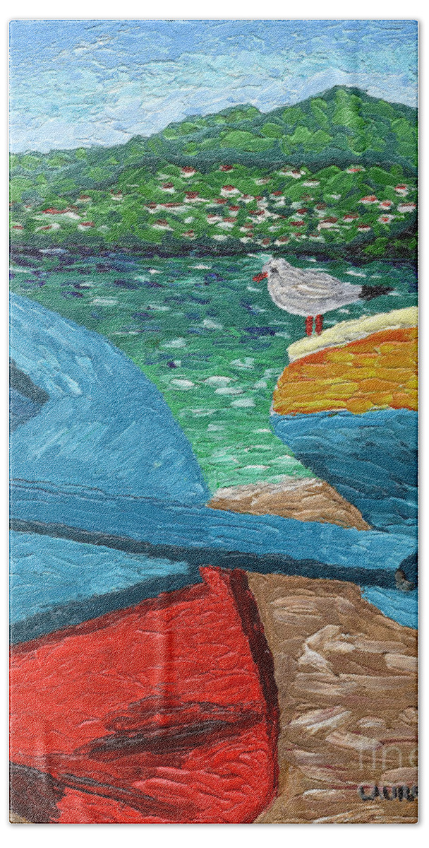 Seascape Beach Sheet featuring the painting Boats and Bird at Rest by Laura Forde