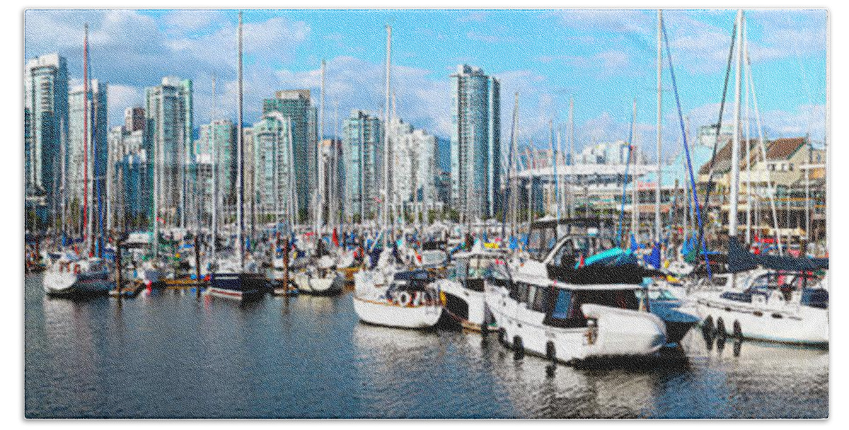 Photography Beach Towel featuring the photograph Boats At Marina With Vancouver Skylines by Panoramic Images
