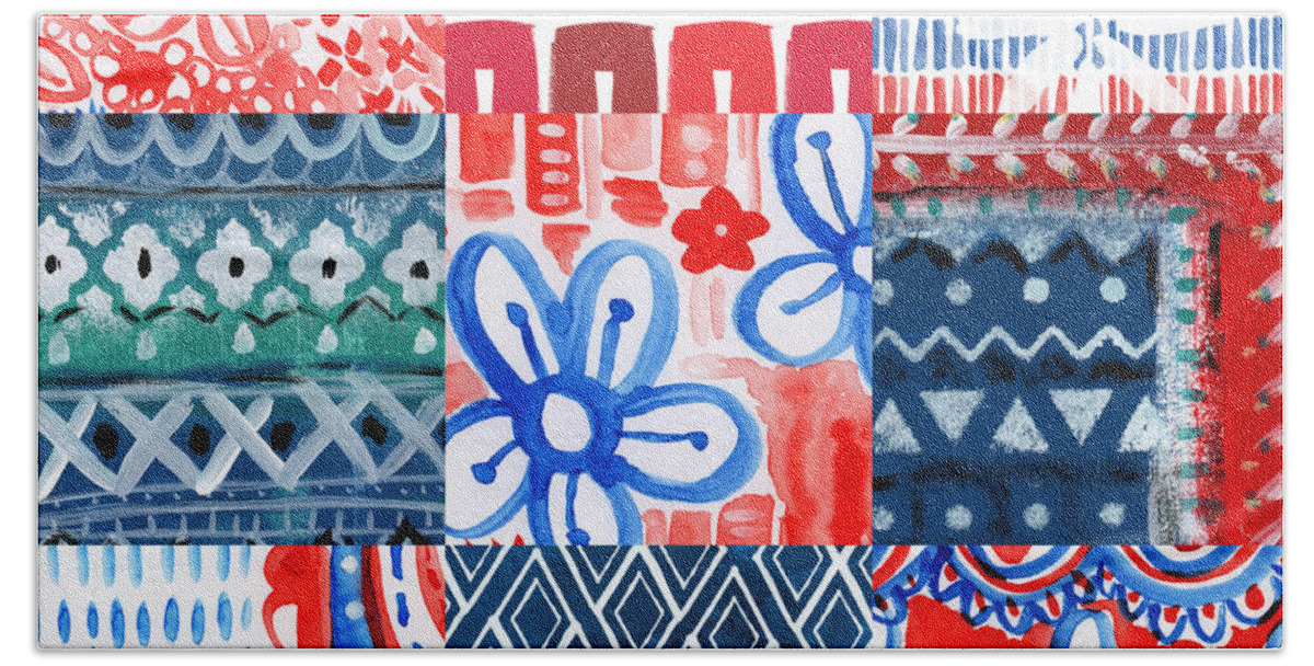 Americana Beach Towel featuring the painting Boho Americana- patchwork painting by Linda Woods