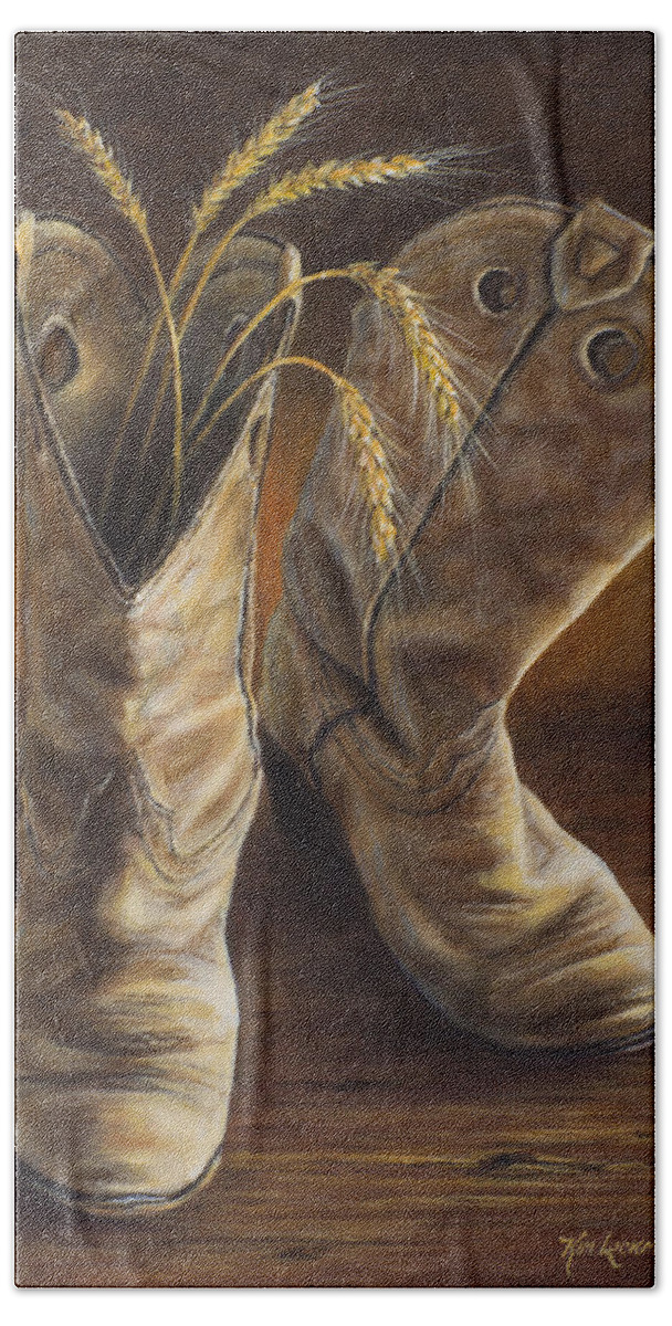 Cowboy Boots Beach Towel featuring the painting Boots and Wheat by Kim Lockman
