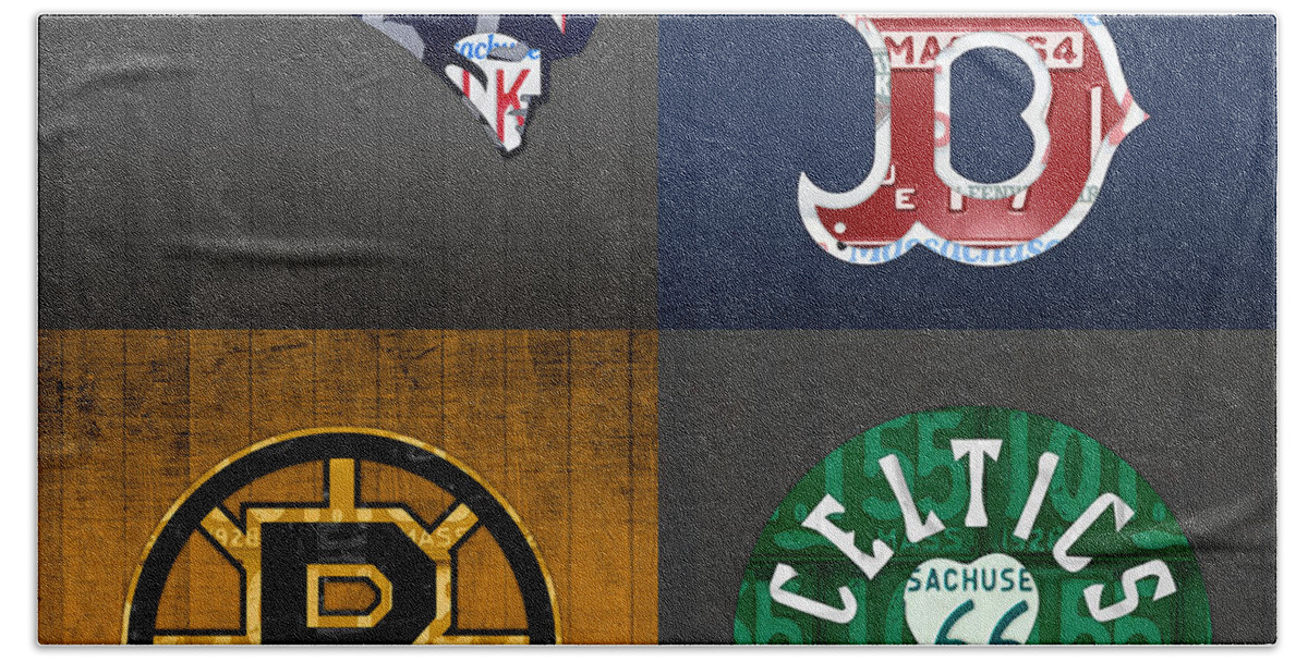 Boston Beach Towel featuring the mixed media Boston Sports Fan Recycled Vintage Massachusetts License Plate Art Patriots Red Sox Bruins Celtics by Design Turnpike