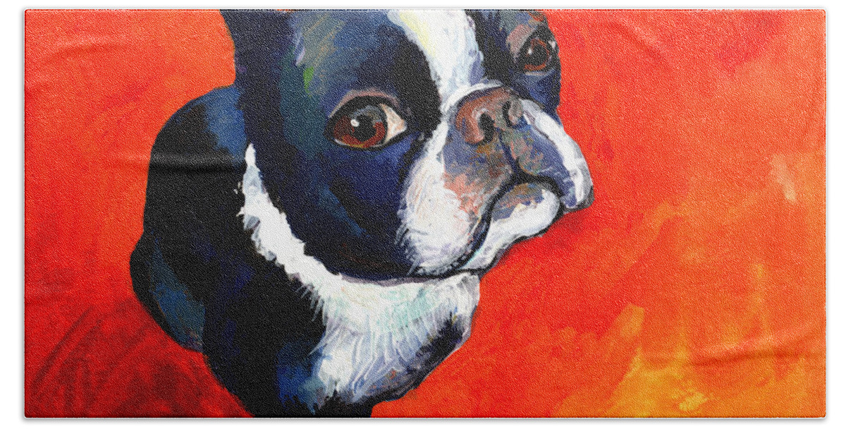 Boston Terrier Prints Beach Sheet featuring the painting Boston Terrier dog painting prints by Svetlana Novikova