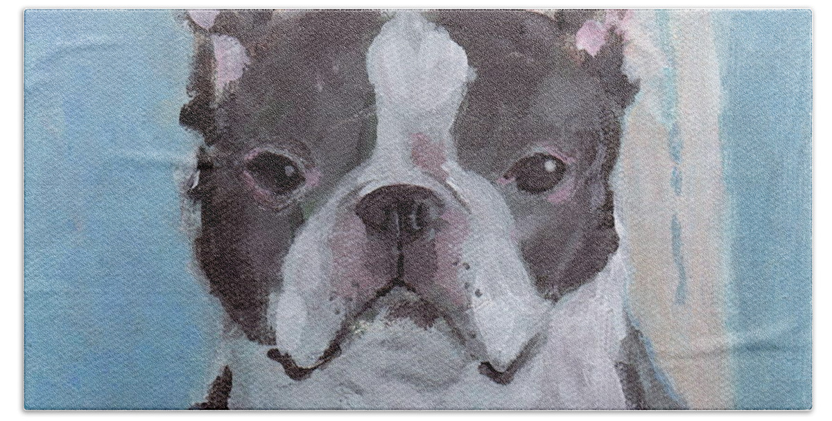 Boston Terrier Beach Towel featuring the painting Boston Terrier by Kazumi Whitemoon